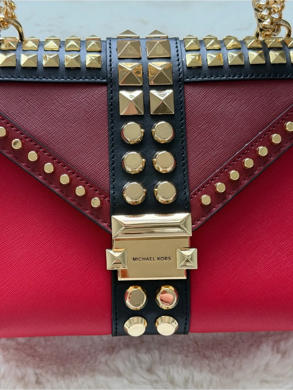 Michael Kors Whitney Studded Chain Strap Shoulder Bag - Red Burgundy Black